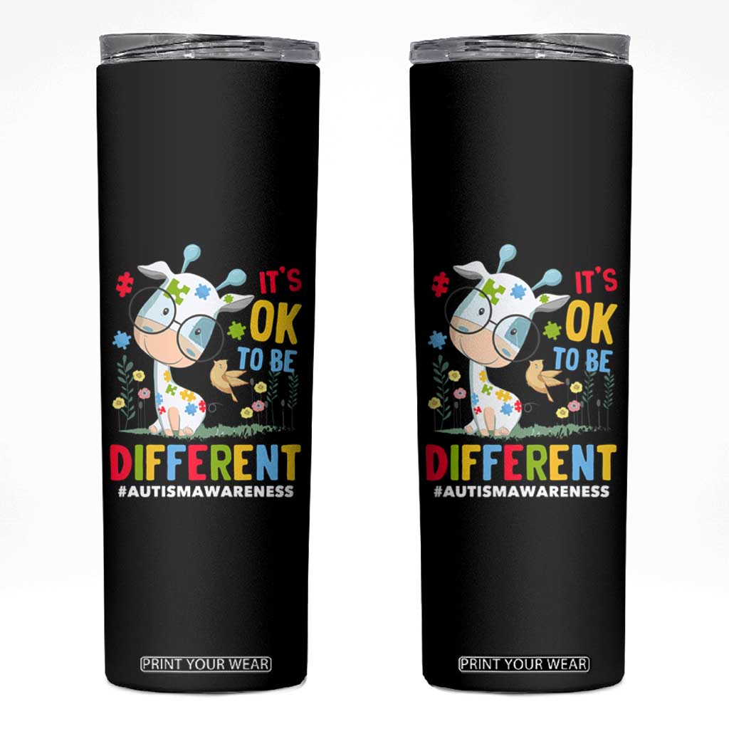 Autism Awareness Skinny Tumbler It's Ok To Be Different Cute Puzzle Giraffe TS09 Black Print Your Wear