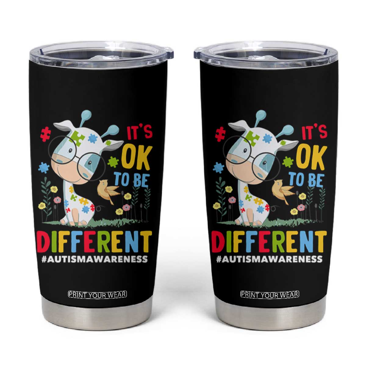 Autism Awareness Tumbler Cup It's Ok To Be Different Cute Puzzle Giraffe TS09 Black Print Your Wear