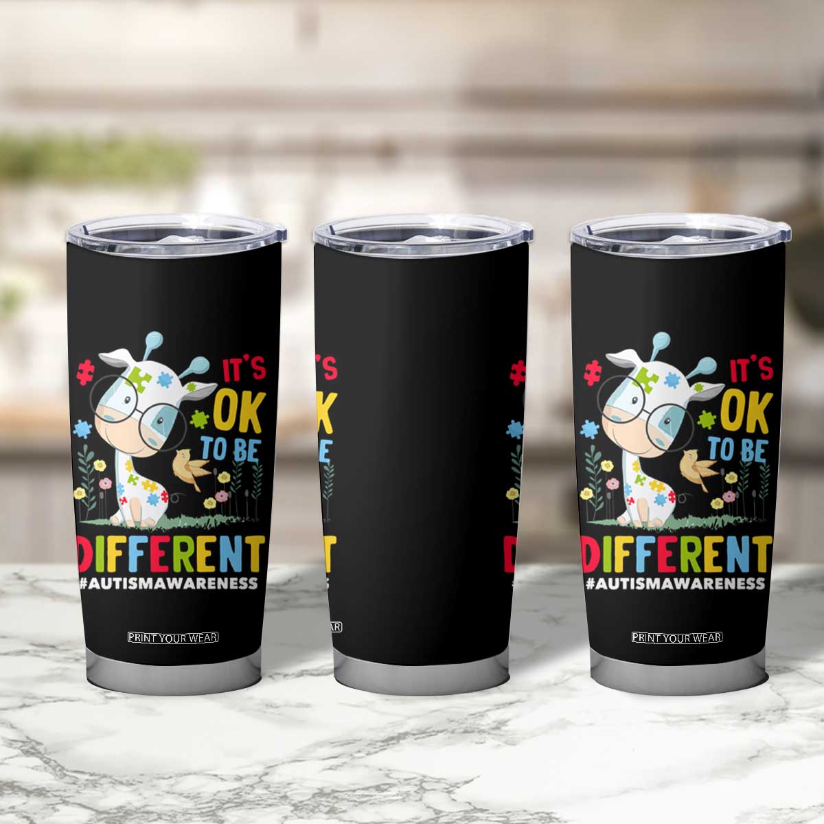 Autism Awareness Tumbler Cup It's Ok To Be Different Cute Puzzle Giraffe TS09 Print Your Wear