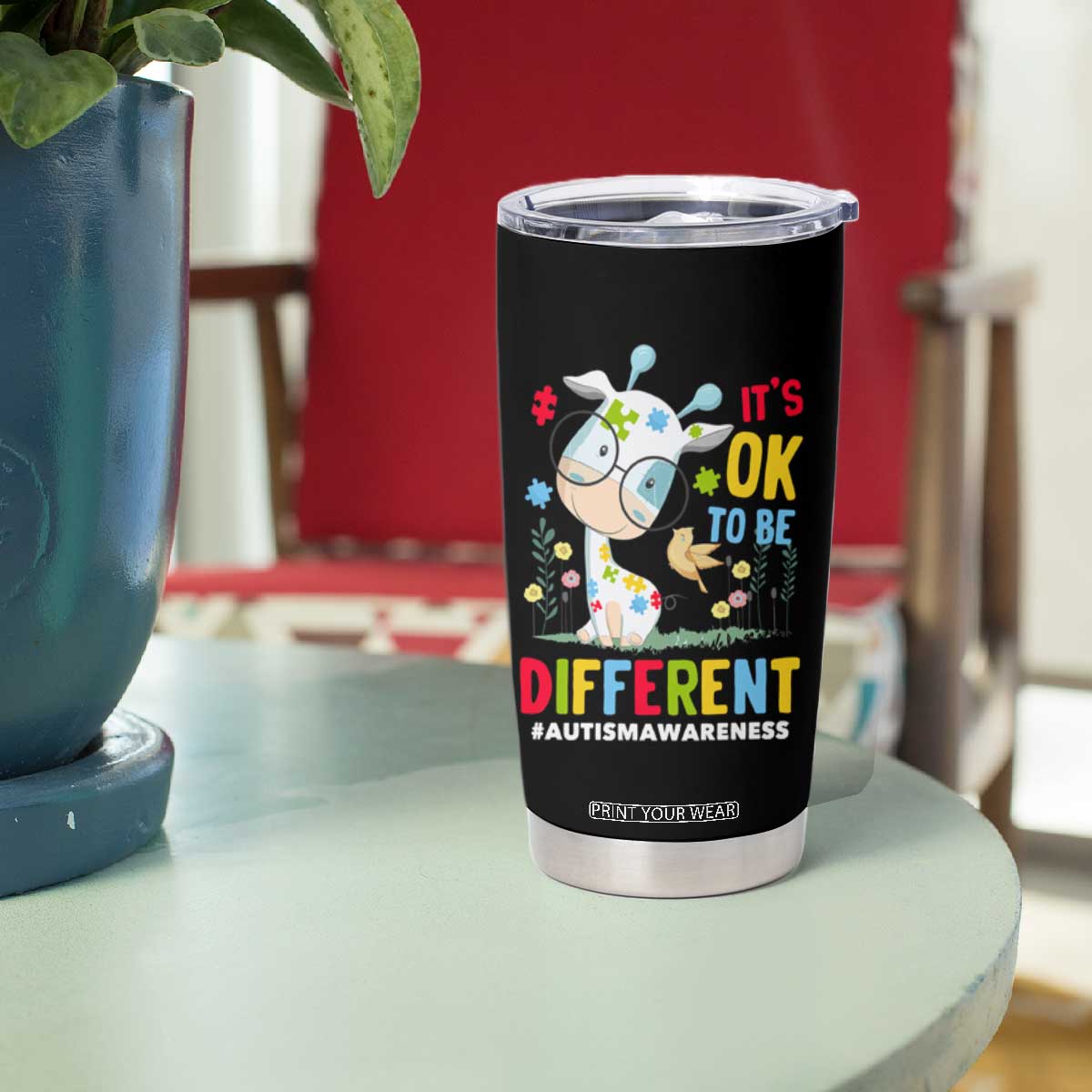 Autism Awareness Tumbler Cup It's Ok To Be Different Cute Puzzle Giraffe TS09 Print Your Wear