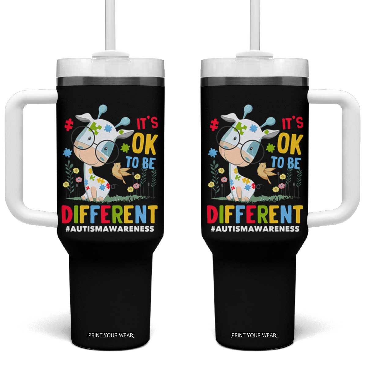 Autism Awareness Tumbler With Handle It's Ok To Be Different Cute Puzzle Giraffe TS09 One Size: 40 oz Black Print Your Wear