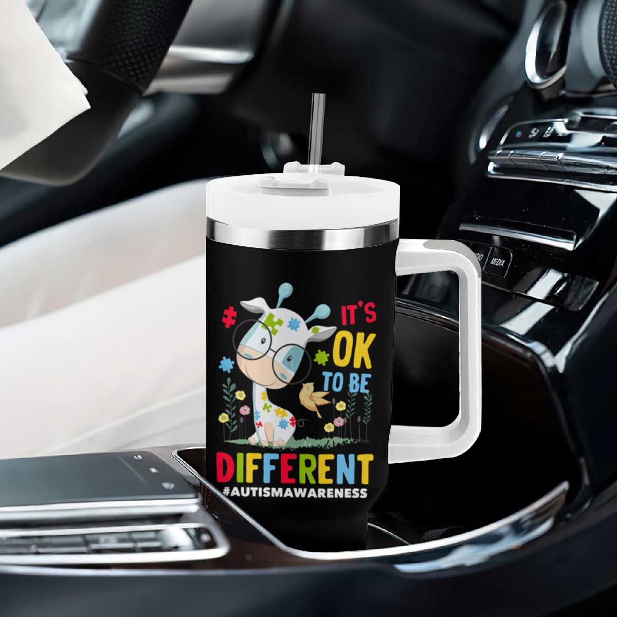 Autism Awareness Tumbler With Handle It's Ok To Be Different Cute Puzzle Giraffe TS09 Print Your Wear