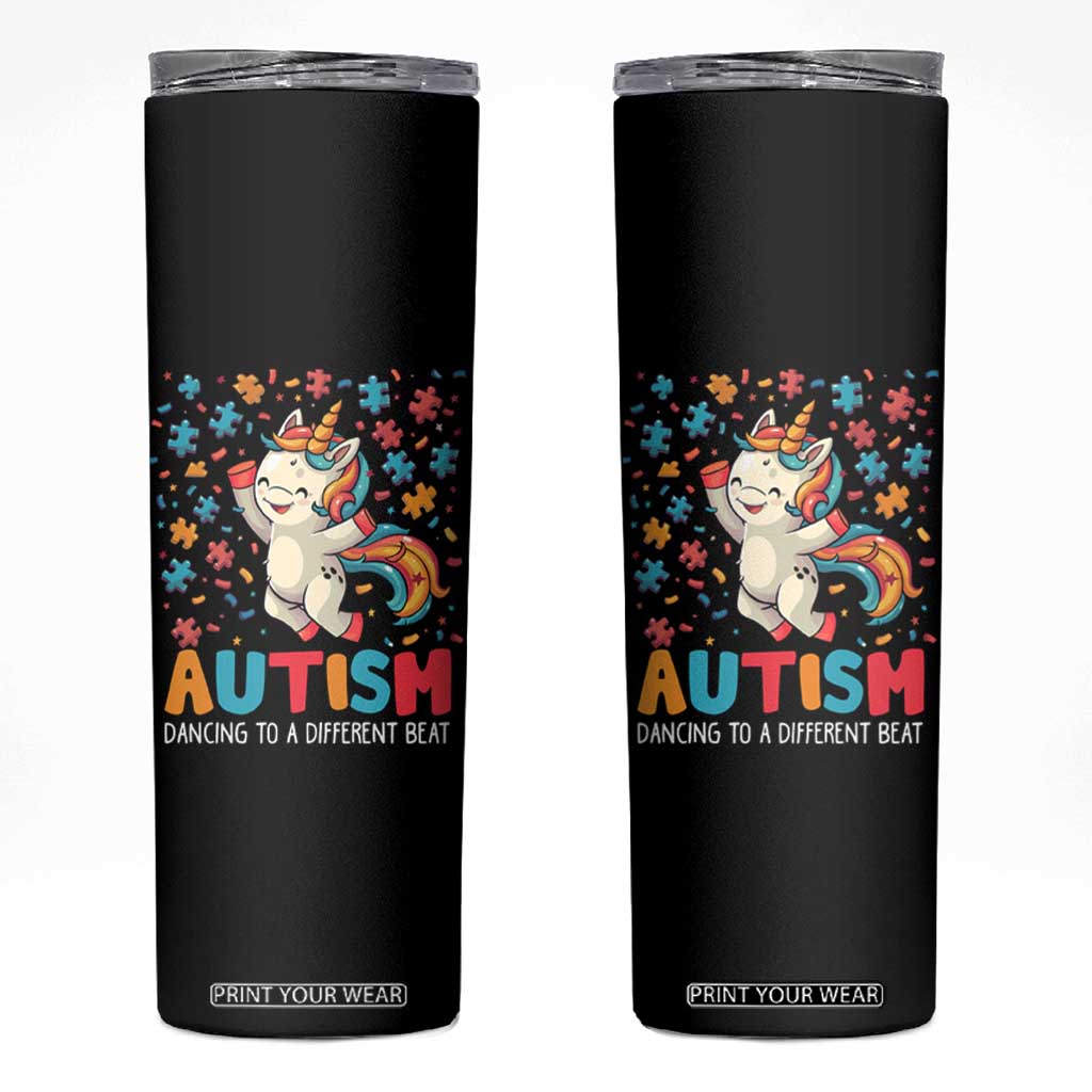 Autism Awareness Skinny Tumbler Puzzle Unicorn Dancing To A Different Beat TS09 Black Print Your Wear