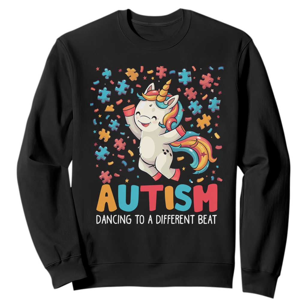 Autism Awareness Sweatshirt Puzzle Unicorn Dancing To A Different Beat TS09 Black Printyourwear