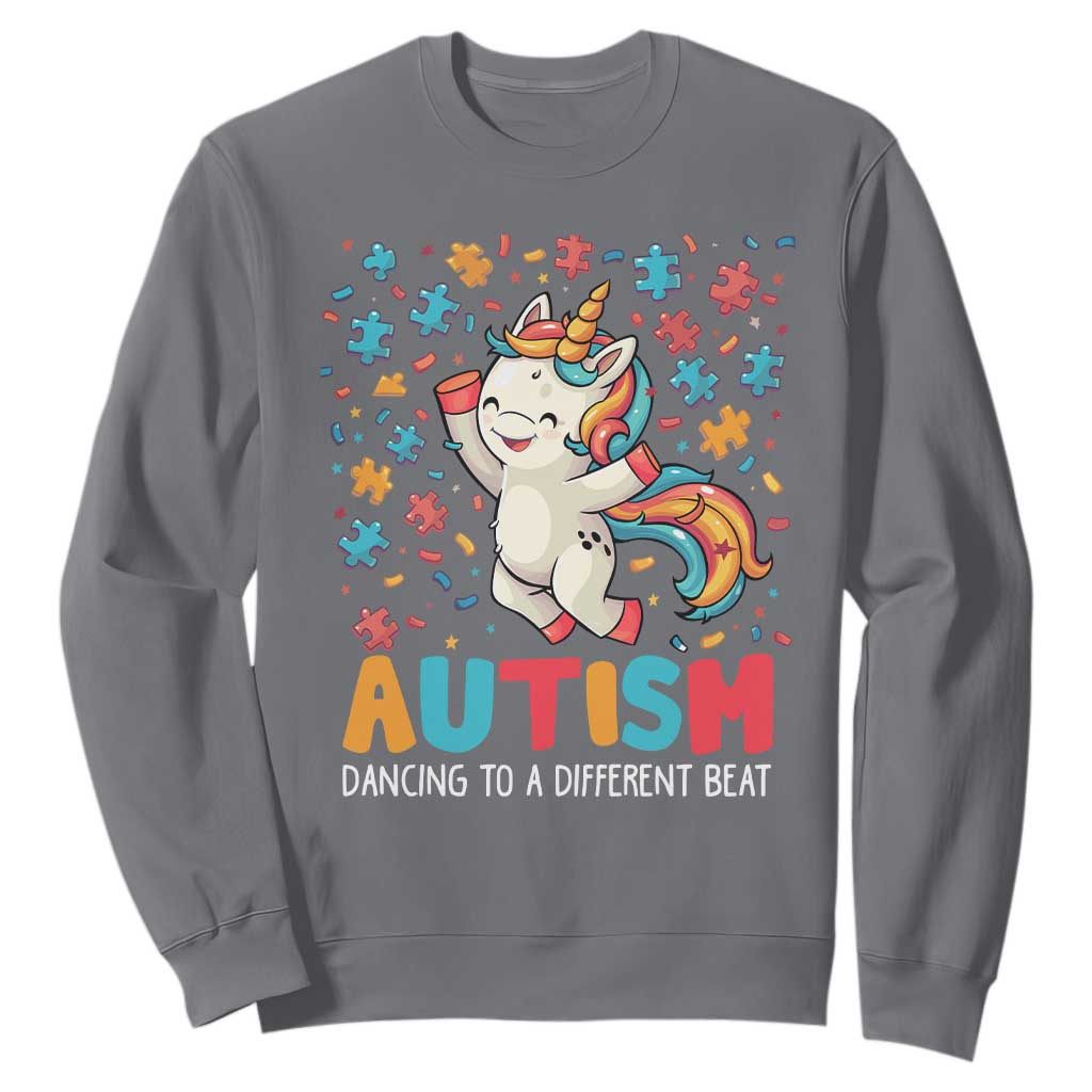 Autism Awareness Sweatshirt Puzzle Unicorn Dancing To A Different Beat TS09 Charcoal Printyourwear