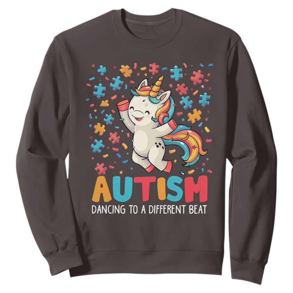 Autism Awareness Sweatshirt Puzzle Unicorn Dancing To A Different Beat TS09 Dark Chocolate Printyourwear