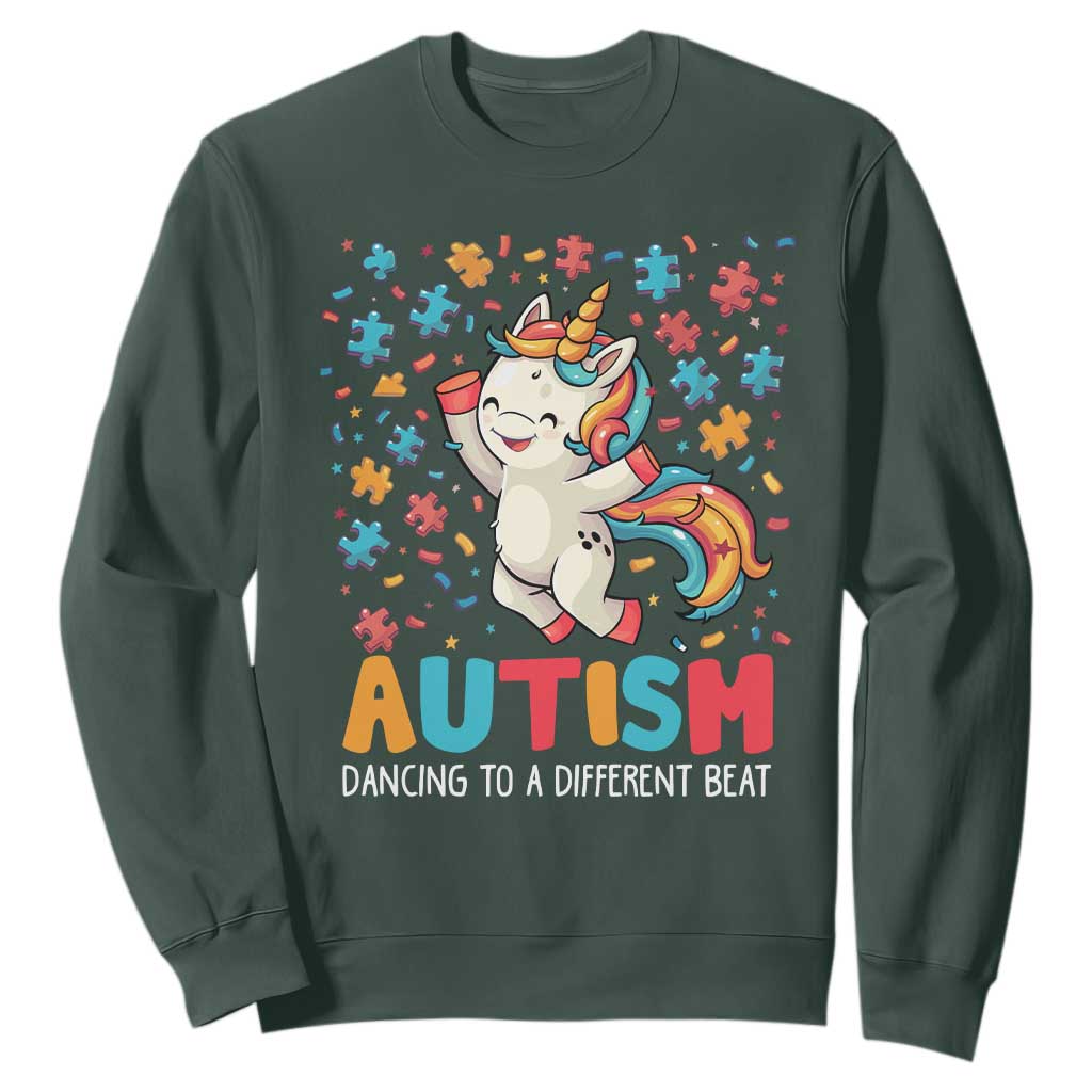 Autism Awareness Sweatshirt Puzzle Unicorn Dancing To A Different Beat TS09 Dark Forest Green Printyourwear