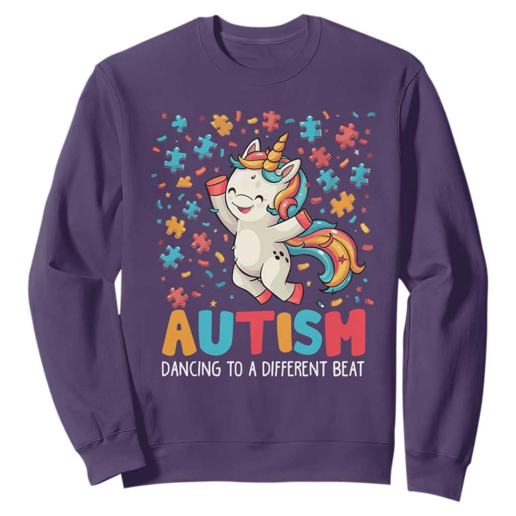 Autism Awareness Sweatshirt Puzzle Unicorn Dancing To A Different Beat TS09 Purple Printyourwear