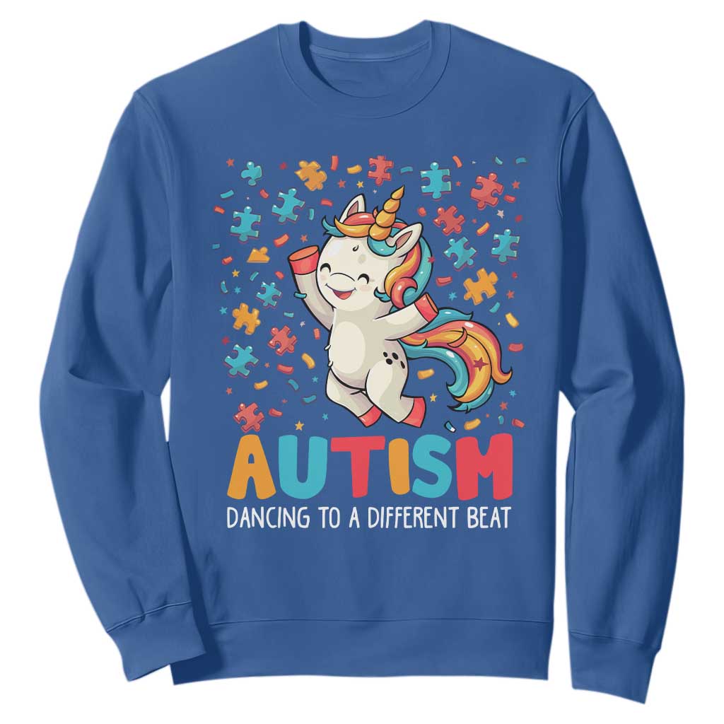 Autism Awareness Sweatshirt Puzzle Unicorn Dancing To A Different Beat TS09 Royal Blue Printyourwear