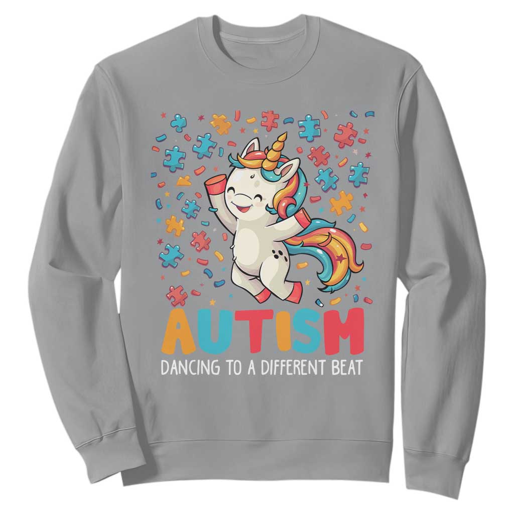 Autism Awareness Sweatshirt Puzzle Unicorn Dancing To A Different Beat TS09 Sport Gray Printyourwear