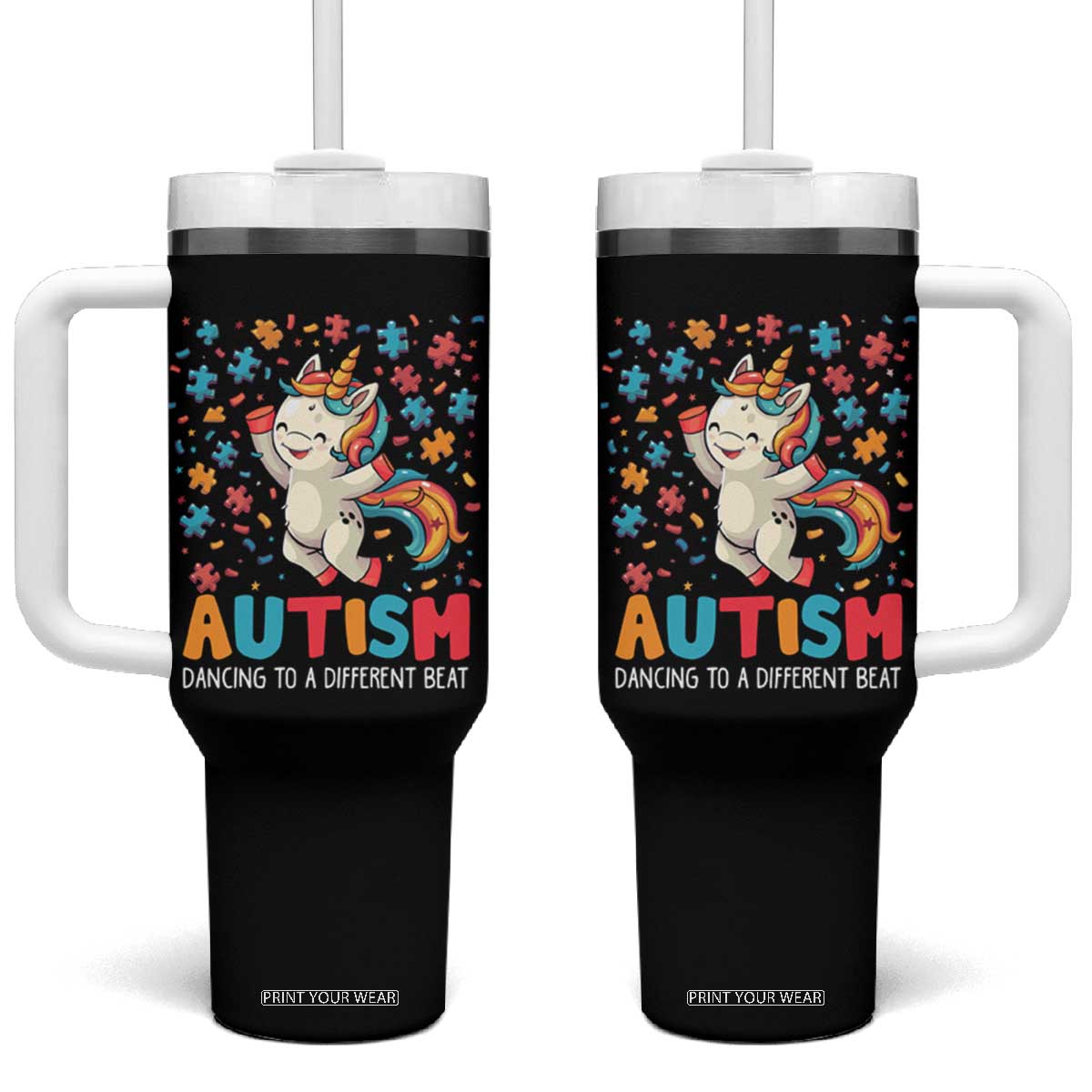 Autism Awareness Tumbler With Handle Puzzle Unicorn Dancing To A Different Beat TS09 One Size: 40 oz Black Print Your Wear