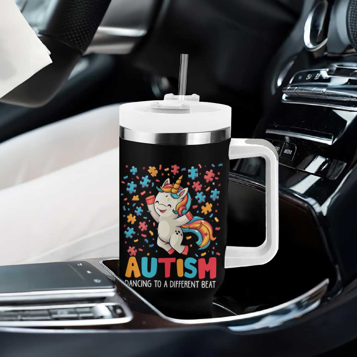 Autism Awareness Tumbler With Handle Puzzle Unicorn Dancing To A Different Beat TS09 Print Your Wear