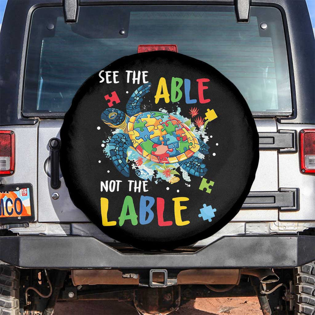 Autism Awareness Spare Tire Cover See The Able Not The Label Puzzle Sea Turtle TS09 No hole Black Print Your Wear