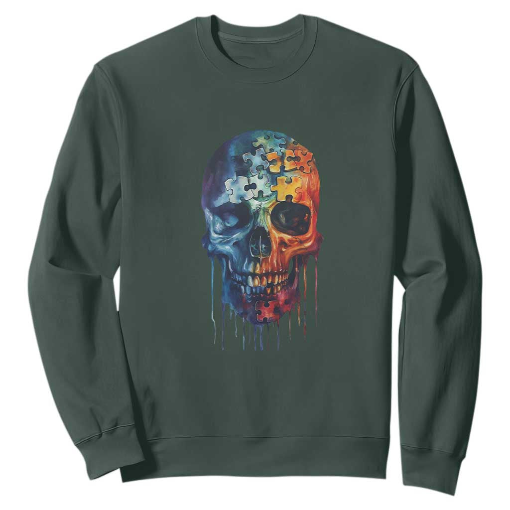 Autism Awareness Cool Puzzle Skull Sweatshirt TS09 Dark Forest Green Printyourwear