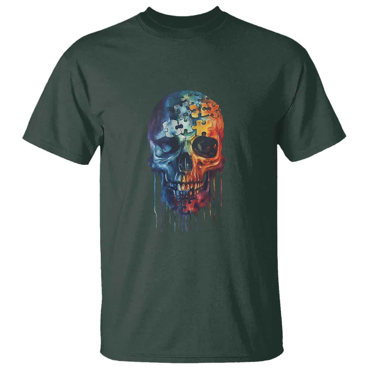 Autism Awareness Cool Puzzle Skull T Shirt TS09 Dark Forest Green Printyourwear