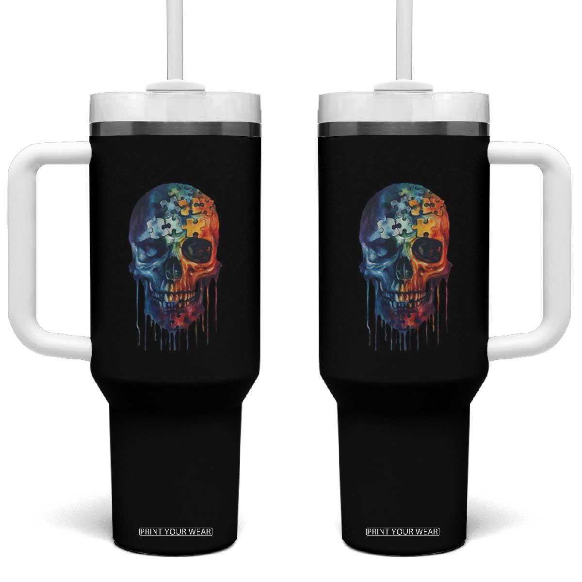 Autism Awareness Cool Puzzle Skull Tumbler With Handle TS09 One Size: 40 oz Black Print Your Wear