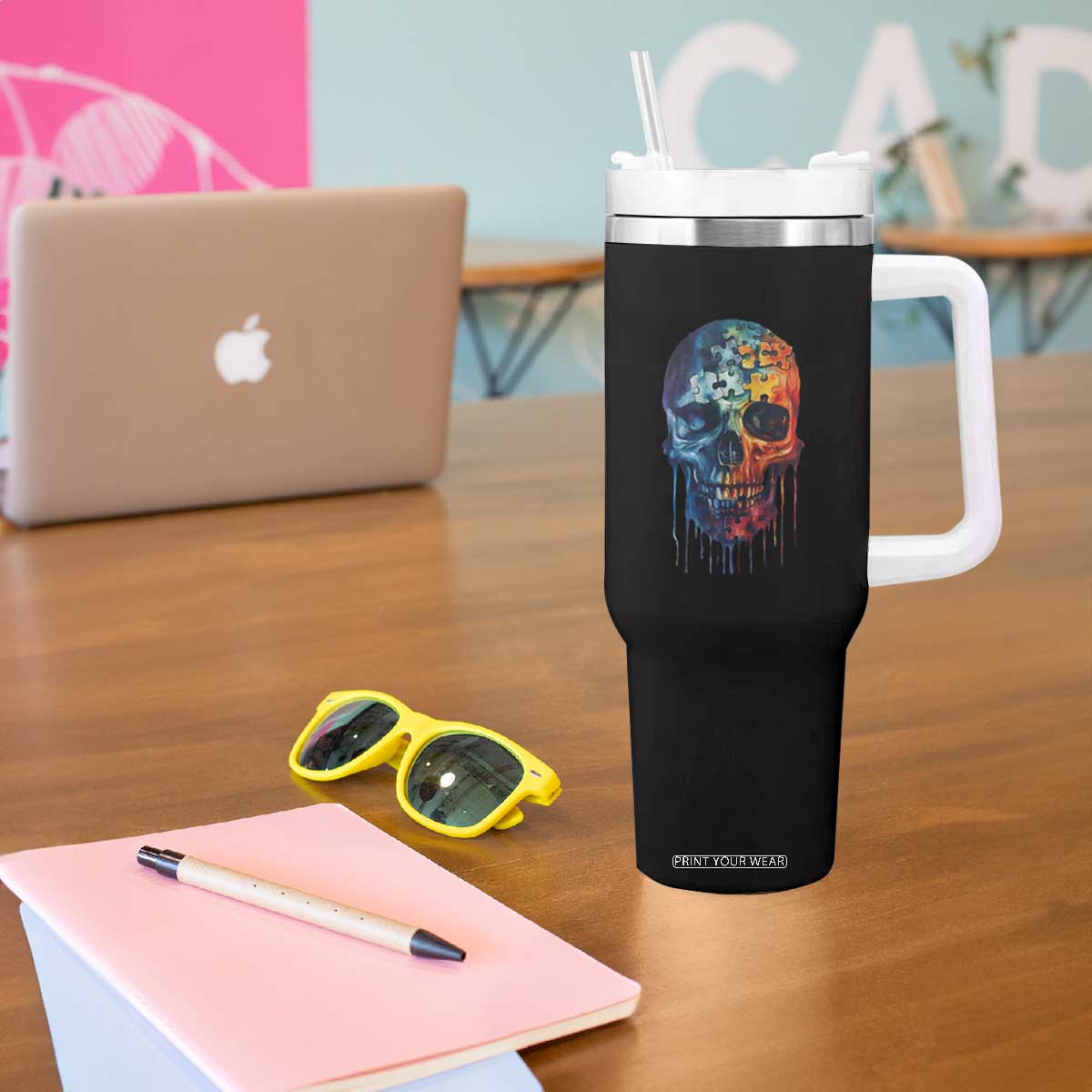 Autism Awareness Cool Puzzle Skull Tumbler With Handle TS09 Print Your Wear