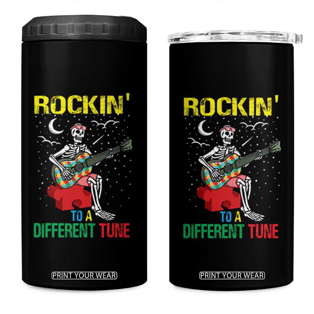Autism Awareness 4 in 1 Can Cooler Tumbler Rockin' To A Different Tune Skeleton TS09 One Size: 16 oz Black Print Your Wear