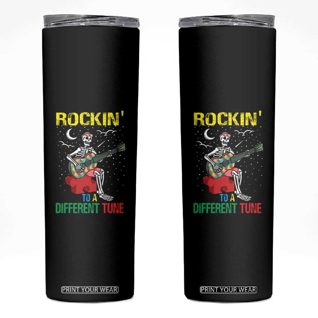 Autism Awareness Skinny Tumbler Rockin' To A Different Tune Skeleton TS09 Black Print Your Wear