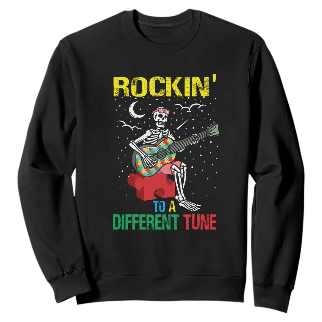 Autism Awareness Sweatshirt Rockin' To A Different Tune Skeleton TS09 Black Printyourwear