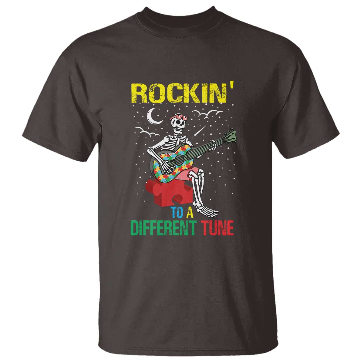 Autism Awareness T Shirt Rockin' To A Different Tune Skeleton TS09 Dark Chocolate Printyourwear