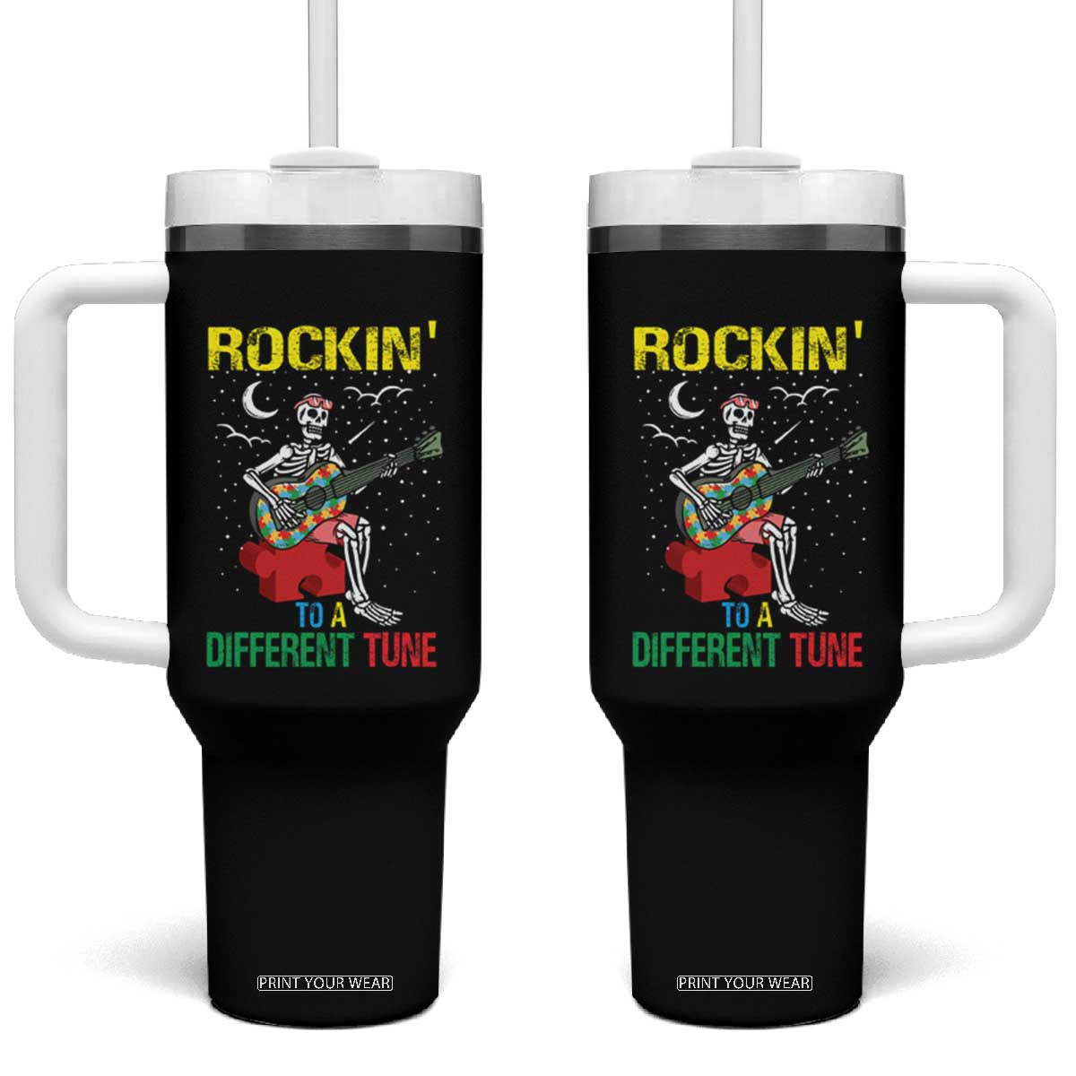 Autism Awareness Tumbler With Handle Rockin' To A Different Tune Skeleton TS09 One Size: 40 oz Black Print Your Wear