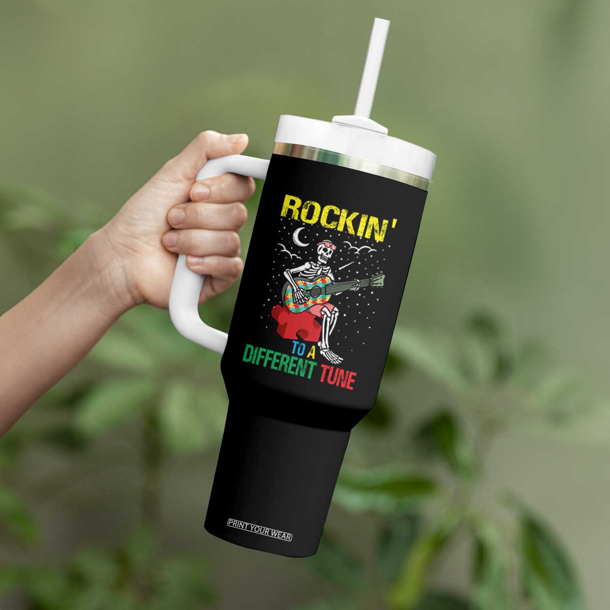 Autism Awareness Tumbler With Handle Rockin' To A Different Tune Skeleton TS09 Print Your Wear