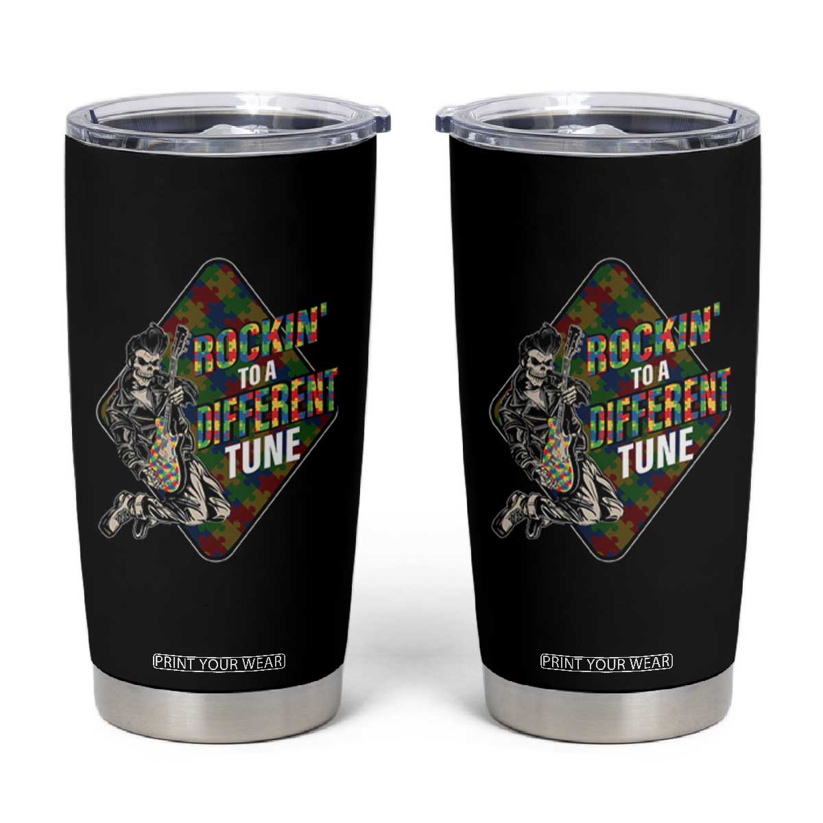 Autism Awareness Tumbler Cup Rockin' To A Different Tune TS09 Black Print Your Wear