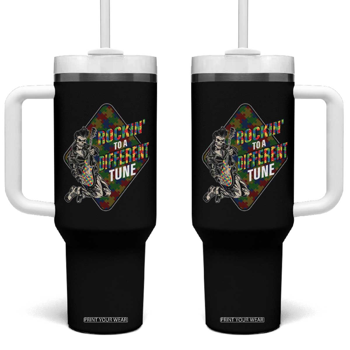 Autism Awareness Tumbler With Handle Rockin' To A Different Tune TS09 One Size: 40 oz Black Print Your Wear