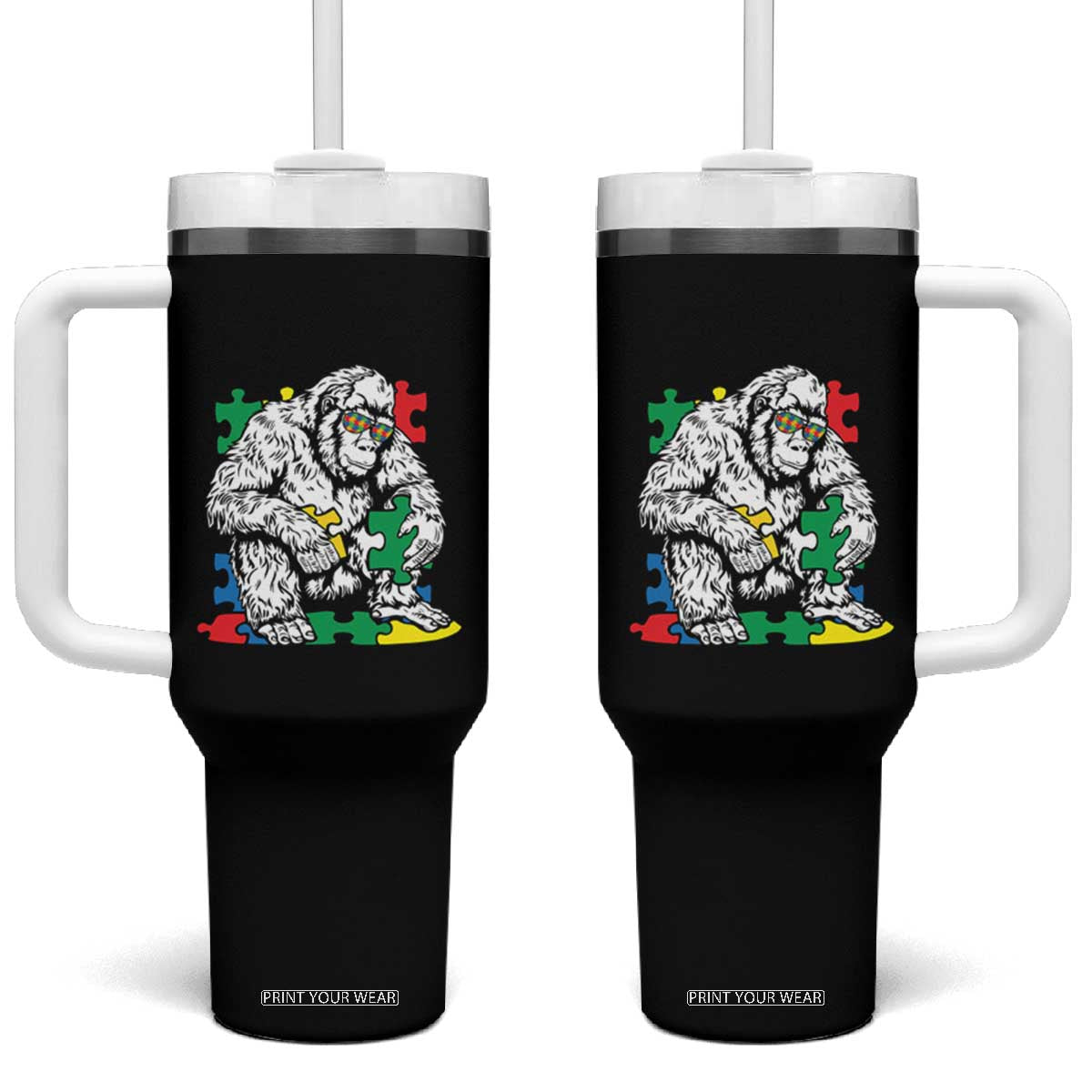 Autism Awareness Bigfoot Puzzle Autistic Warrior Tumbler With Handle TS09 One Size: 40 oz Black Print Your Wear