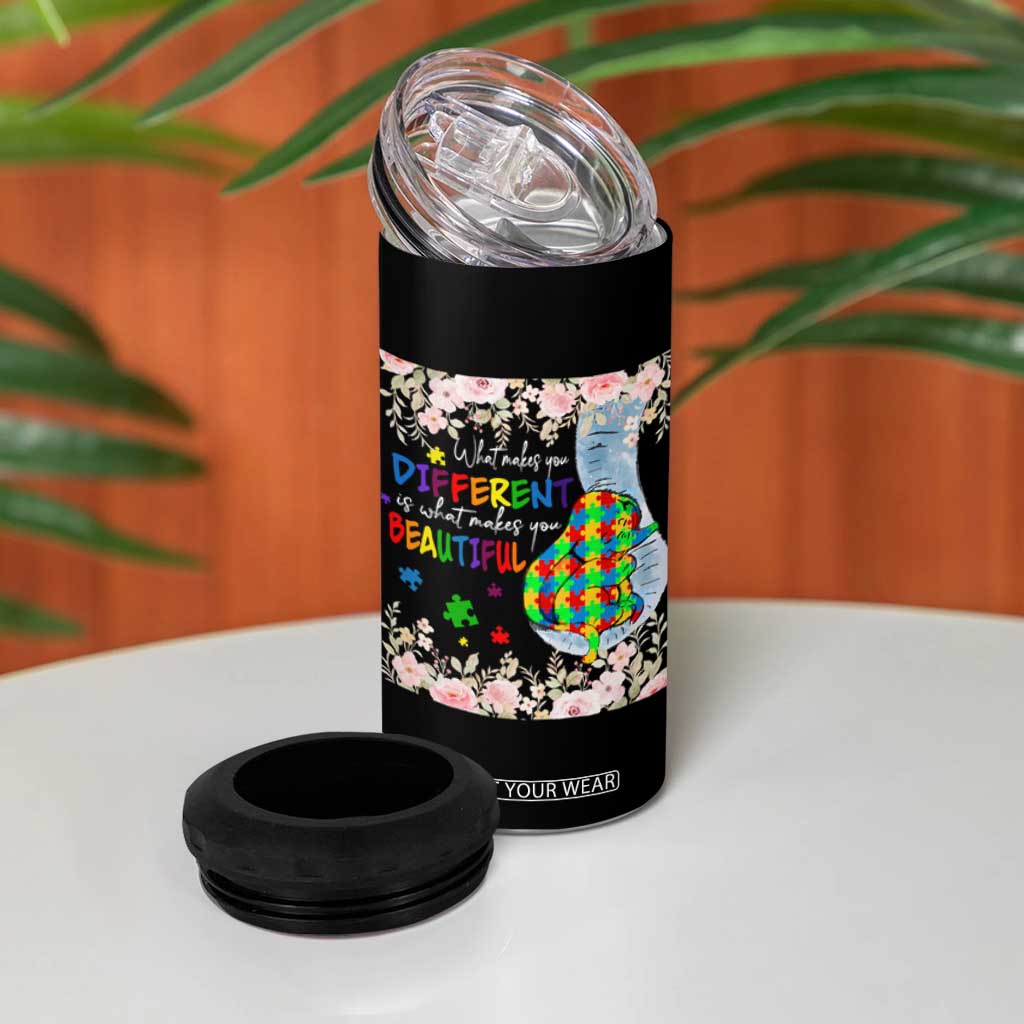 Autism Awareness 4 in 1 Can Cooler Tumbler What Makes You Different Is What Makes You Beautiful Autistic Elephant Mom TS09 Print Your Wear
