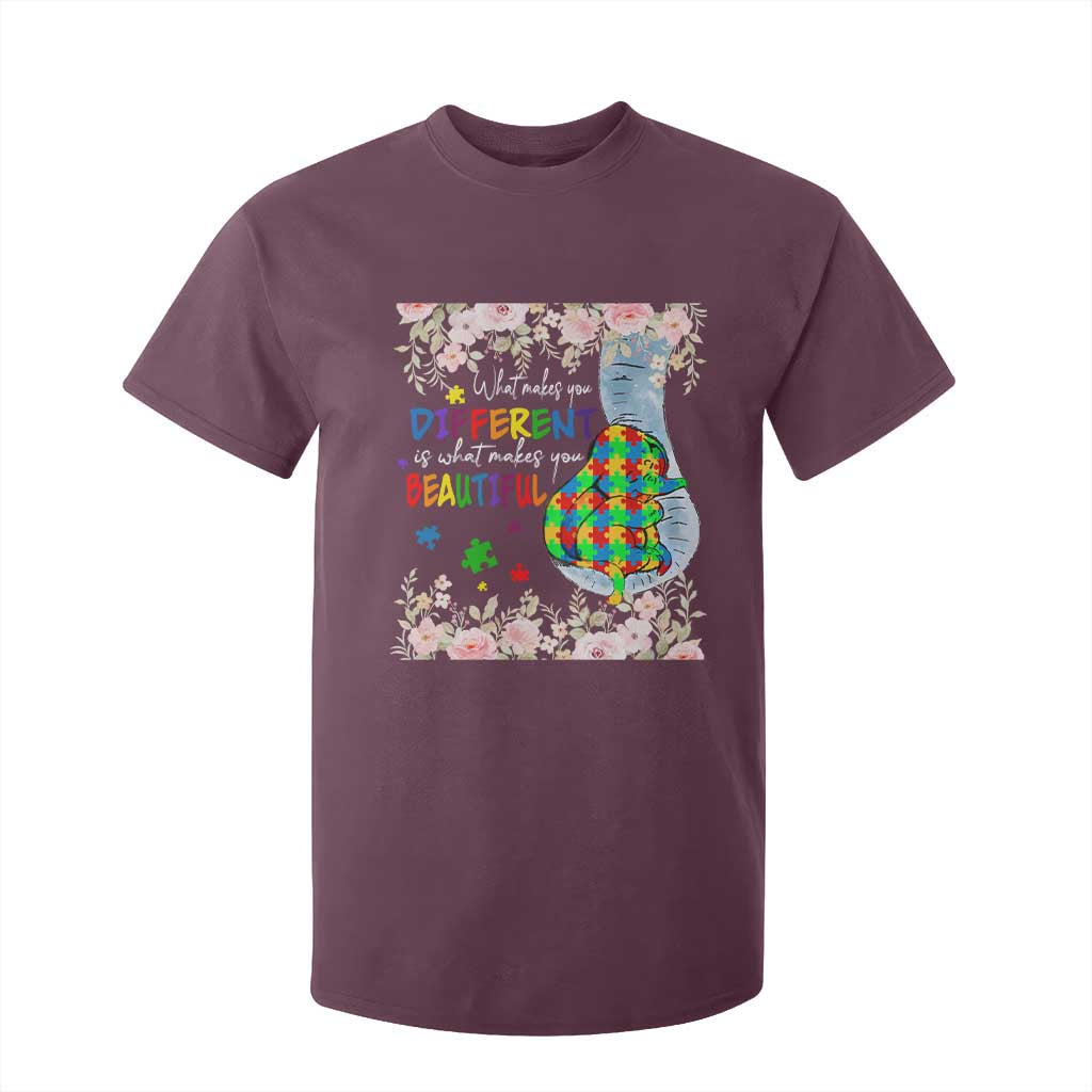 Autism Awareness T Shirt For Kid What Makes You Different Is What Makes You Beautiful Autistic Elephant Mom TS09 Maroon Print Your Wear