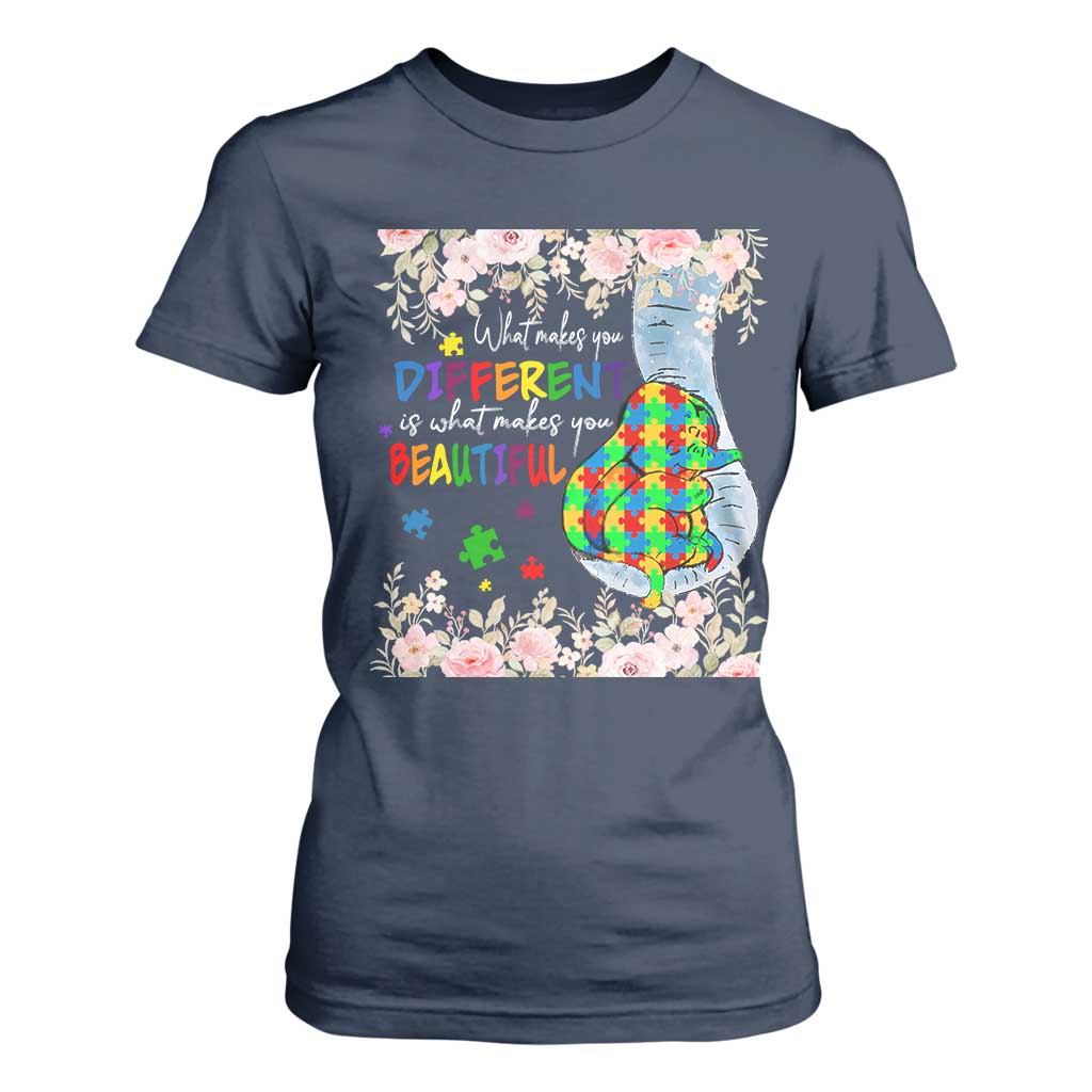 Autism Awareness T Shirt For Women What Makes You Different Is What Makes You Beautiful Autistic Elephant Mom TS09 Navy Print Your Wear