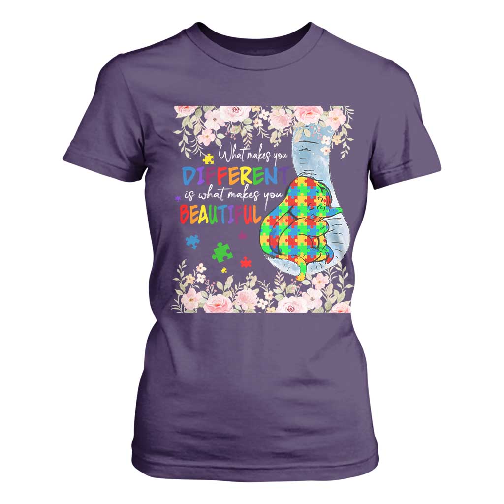 Autism Awareness T Shirt For Women What Makes You Different Is What Makes You Beautiful Autistic Elephant Mom TS09 Purple Print Your Wear