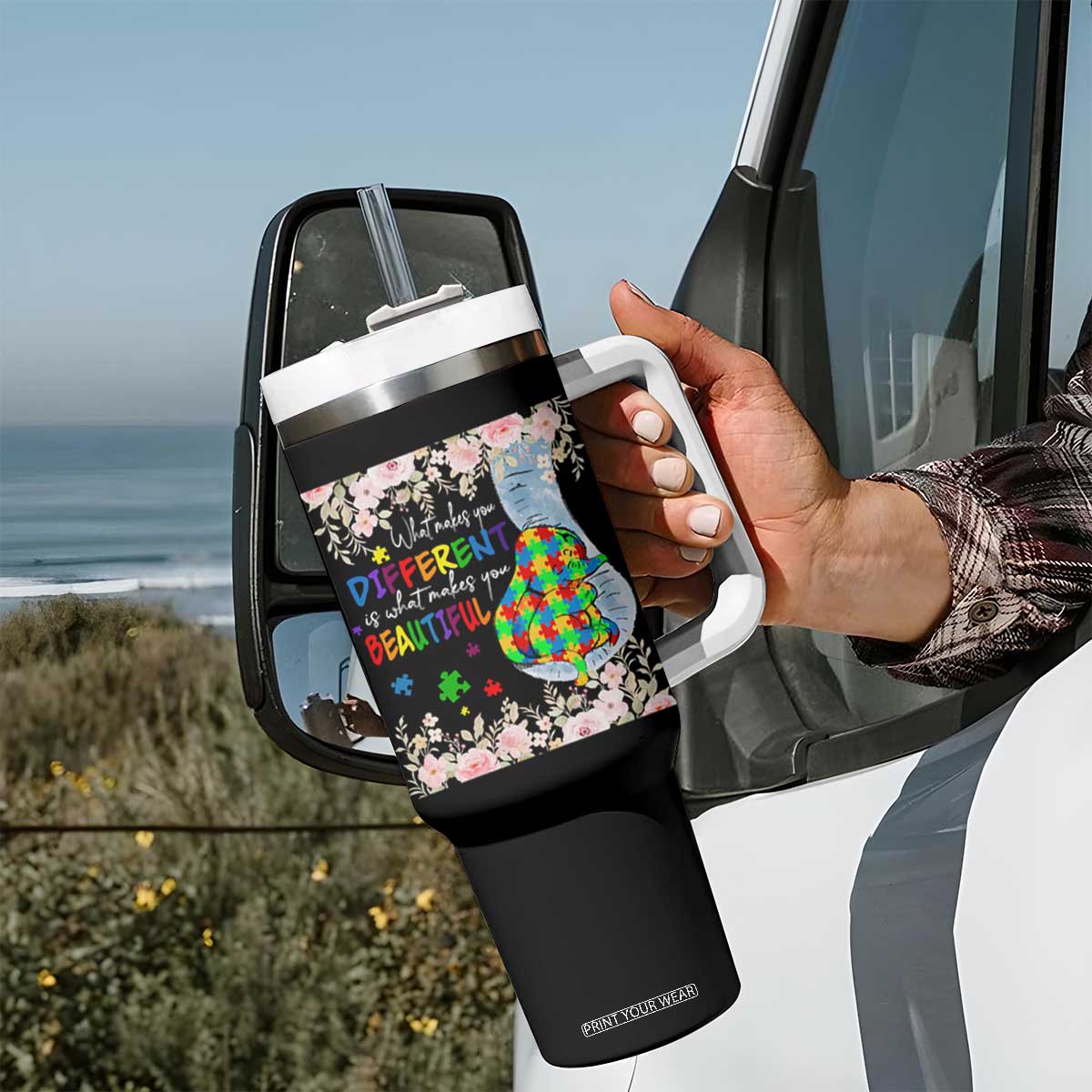 Autism Awareness Tumbler With Handle What Makes You Different Is What Makes You Beautiful Autistic Elephant Mom TS09 Print Your Wear