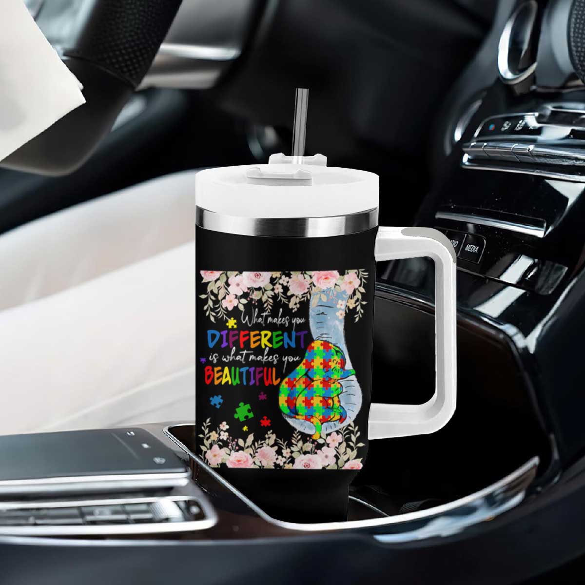 Autism Awareness Tumbler With Handle What Makes You Different Is What Makes You Beautiful Autistic Elephant Mom TS09 Print Your Wear