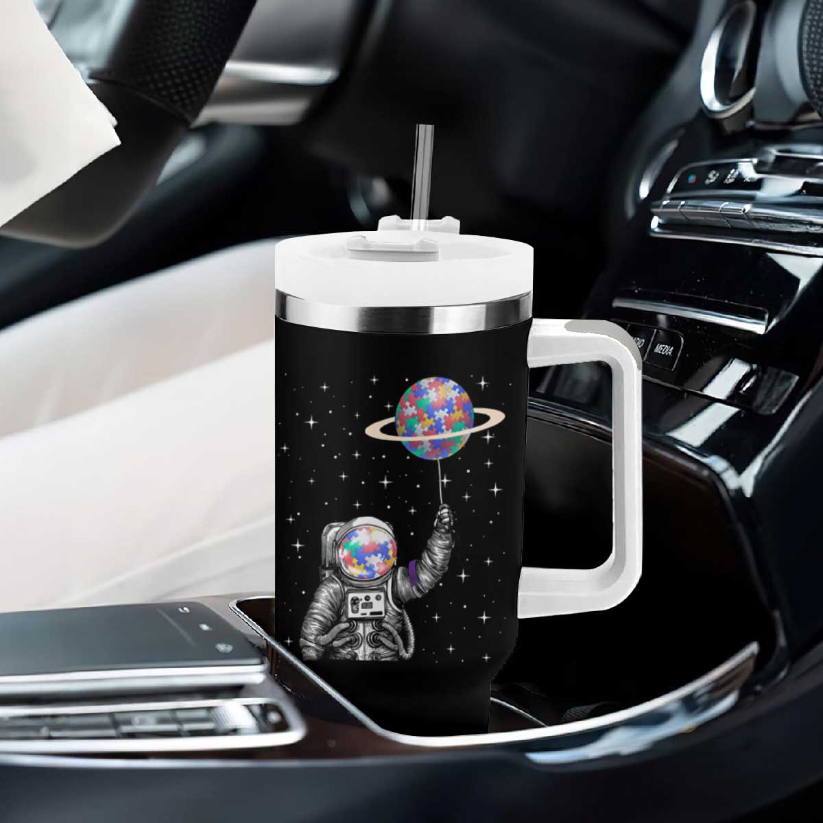 Autism Awareness Tumbler With Handle Astronaut Puzzle Balloon Autistic Outer Space TS09 Print Your Wear
