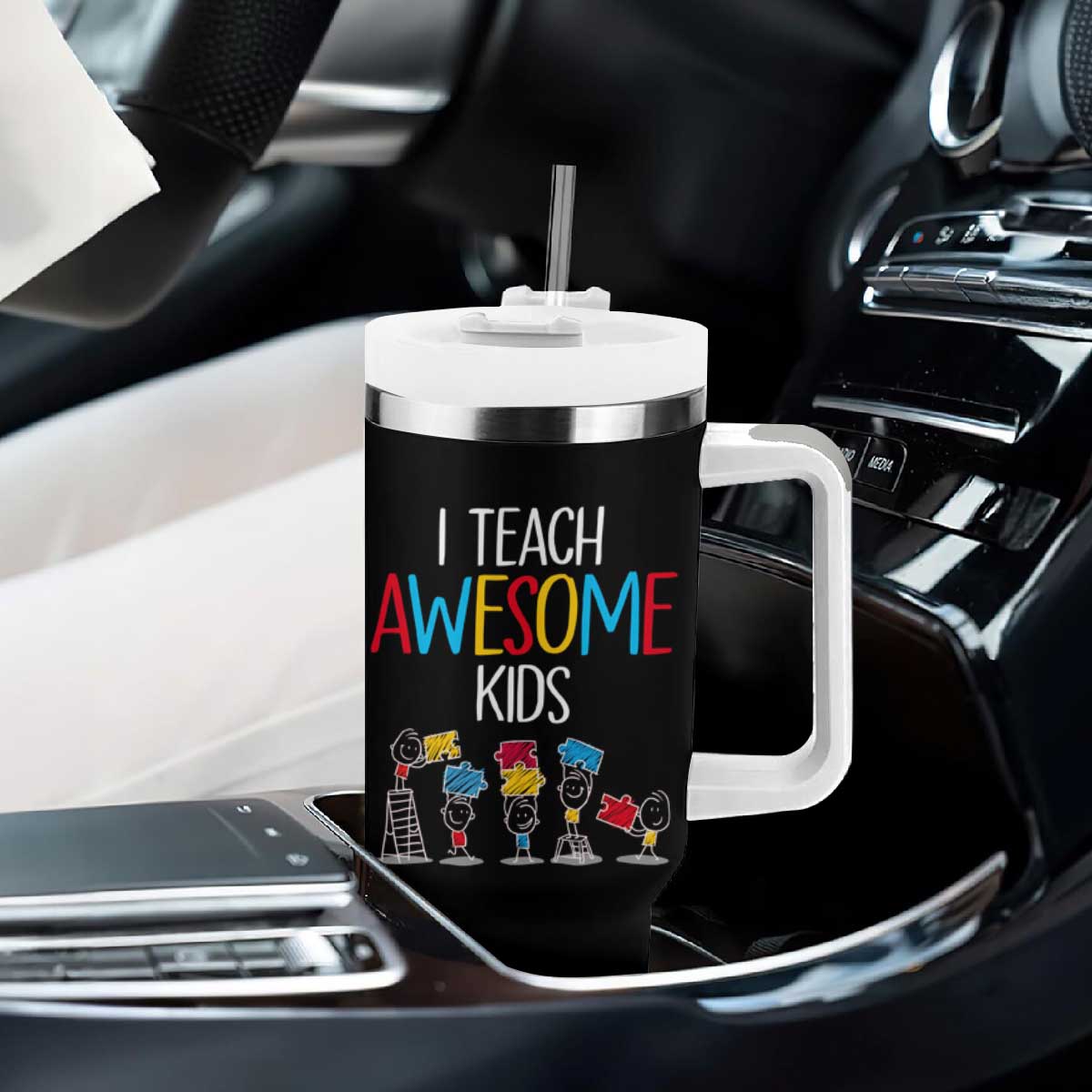 Autism Awareness Tumbler With Handle I Teach Awesome Kids Funny Puzzle Special Education Teacher TS09 Print Your Wear
