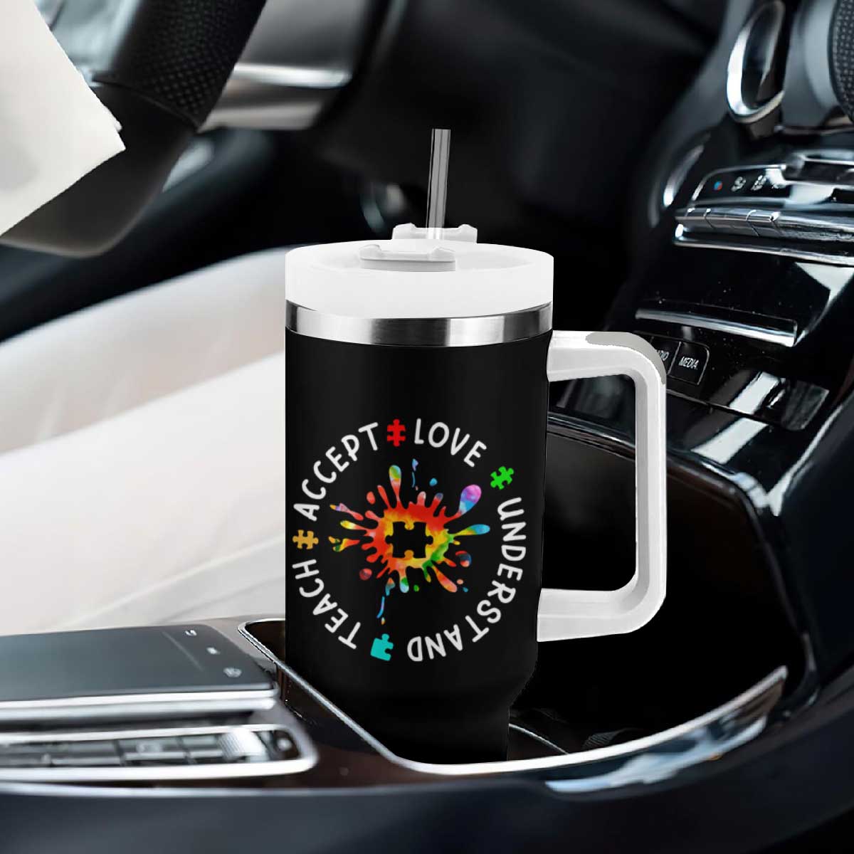 Autism Awareness Tumbler With Handle Special Teacher Teach Accept Understand Love TS09 Print Your Wear