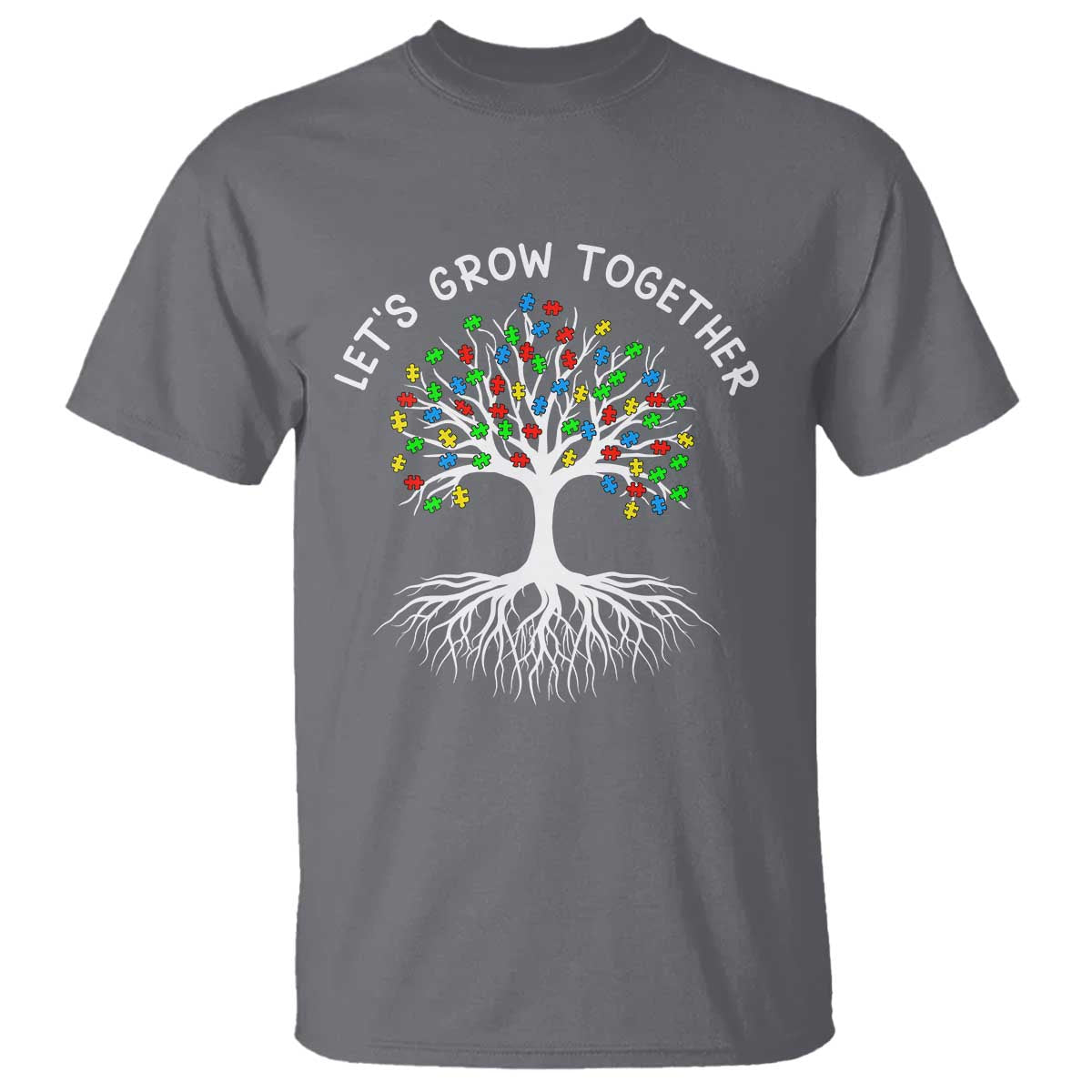 Autism Awareness T Shirt Let's Grow Together Puzzle Flowers TS09 Charcoal Printyourwear