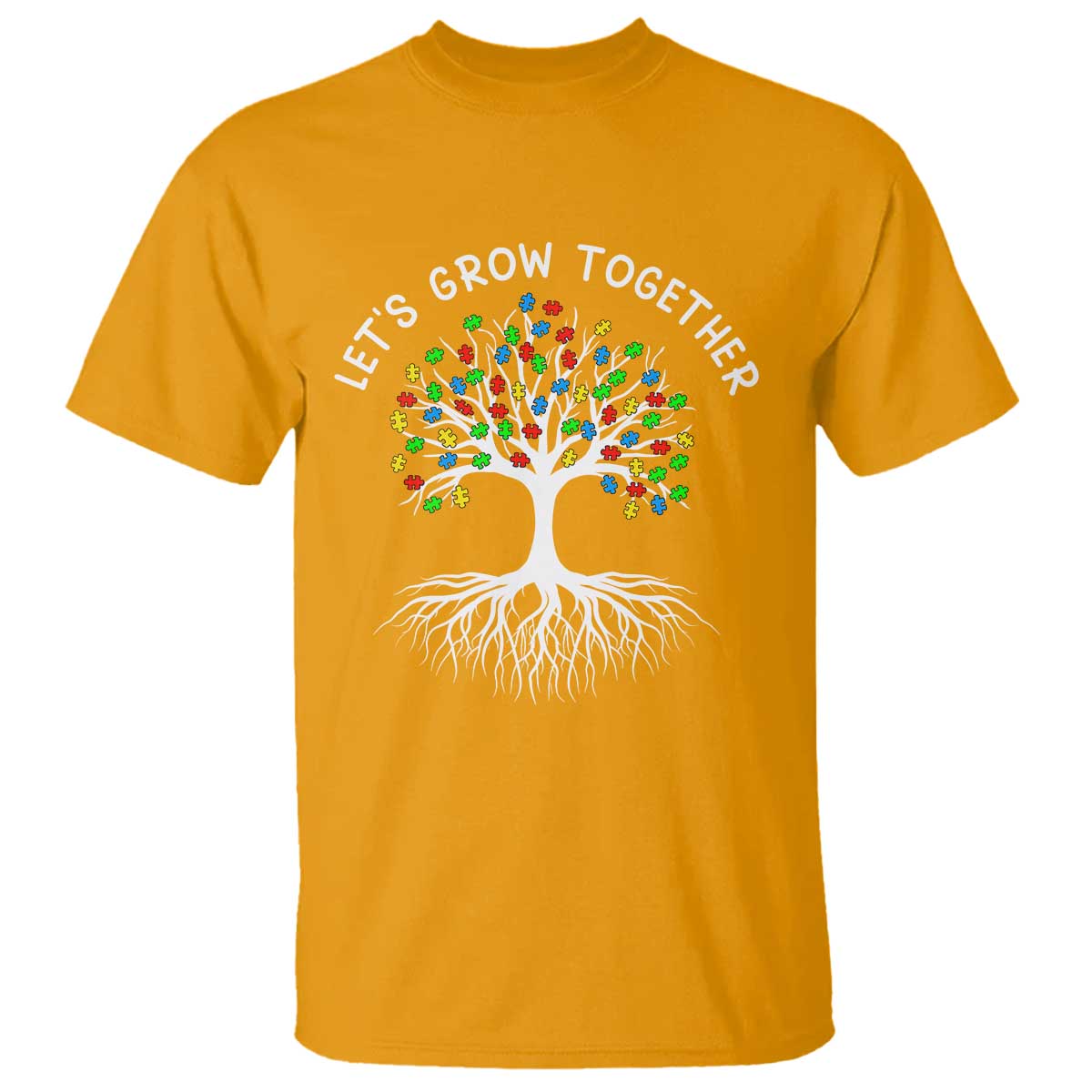 Autism Awareness T Shirt Let's Grow Together Puzzle Flowers TS09 Gold Printyourwear