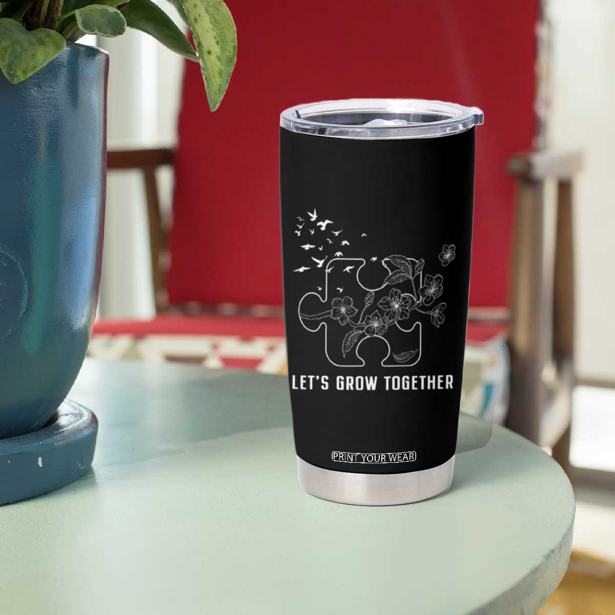 Autism Awareness Tumbler Cup Let's Grow Together Puzzle Tree TS09 Print Your Wear