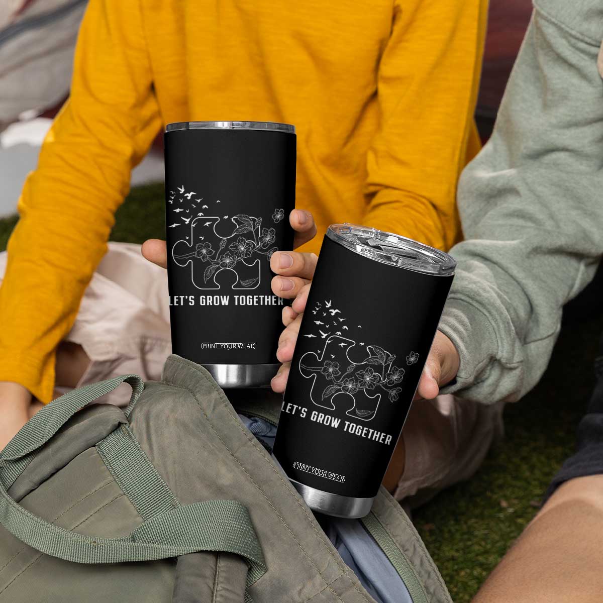 Autism Awareness Tumbler Cup Let's Grow Together Puzzle Tree TS09 Print Your Wear