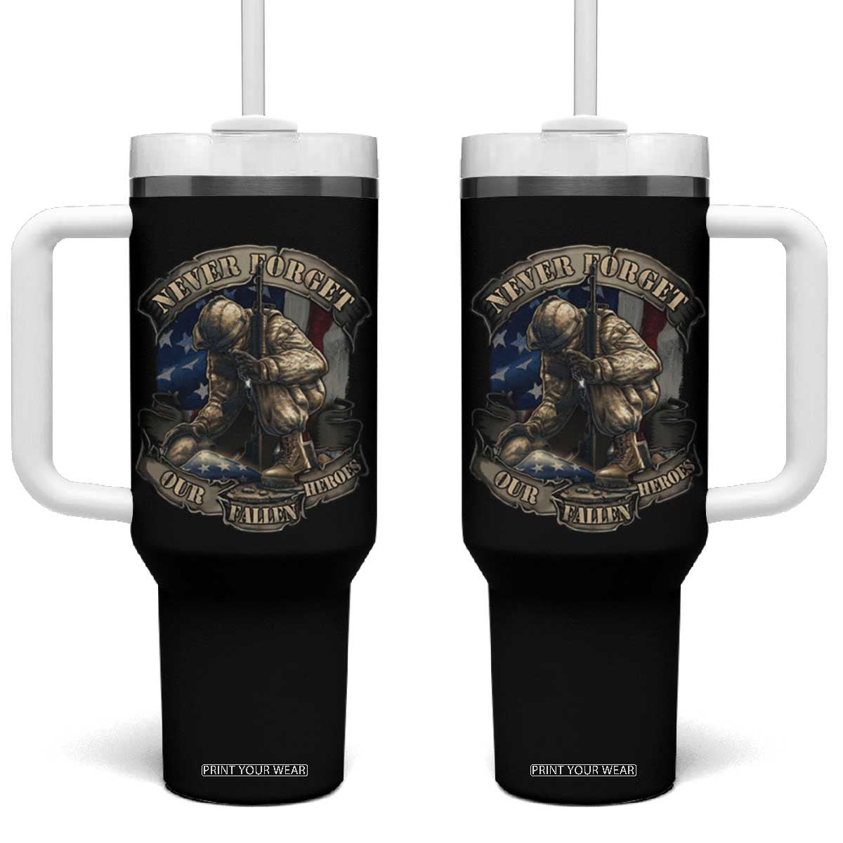 Veteran Tumbler With Handle Never Forget Our Fallen Heroes Memorial Day TS09 One Size: 40 oz Black Print Your Wear