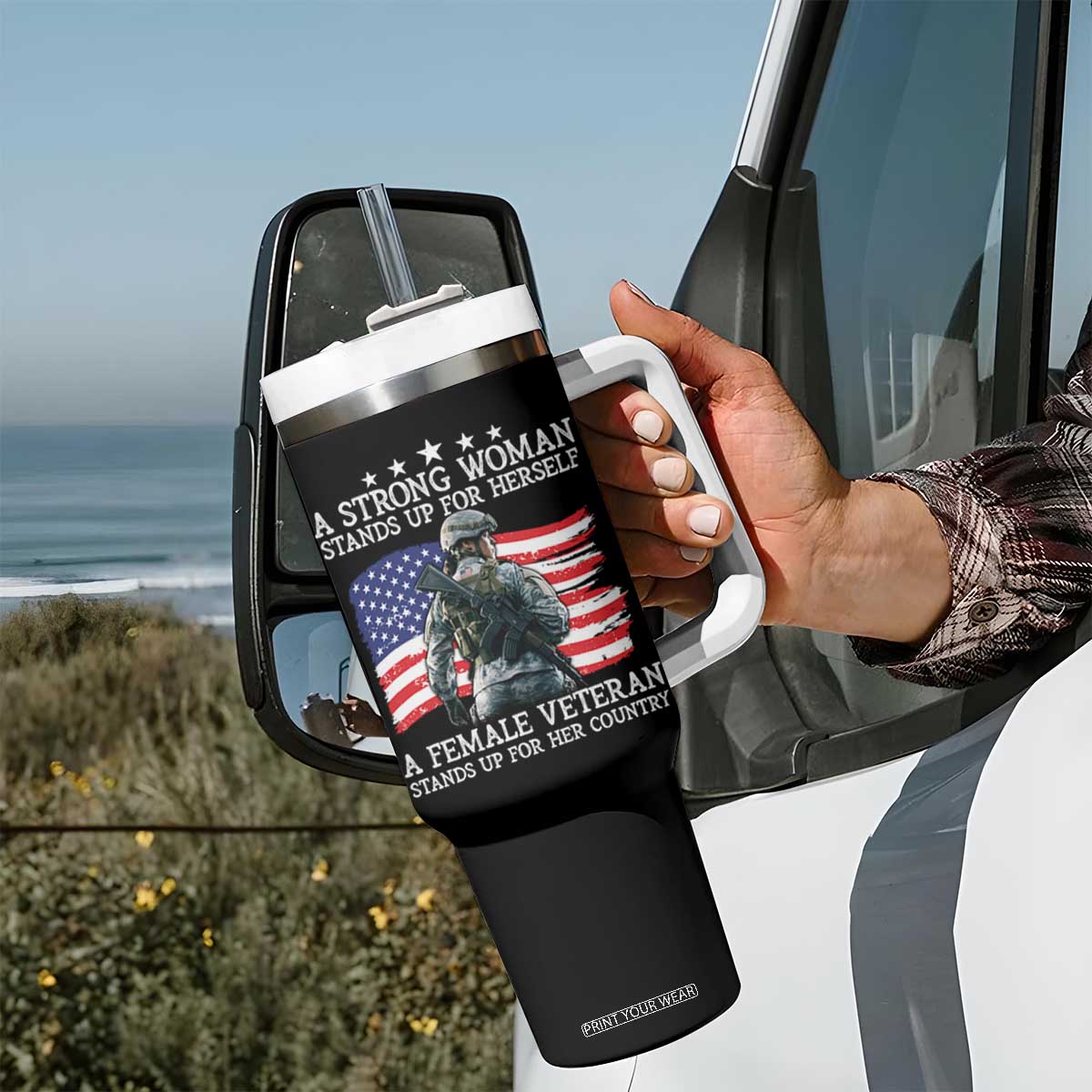 Female Veteran Tumbler With Handle Stands Up For Her Country A Strong Woman TS09 Print Your Wear