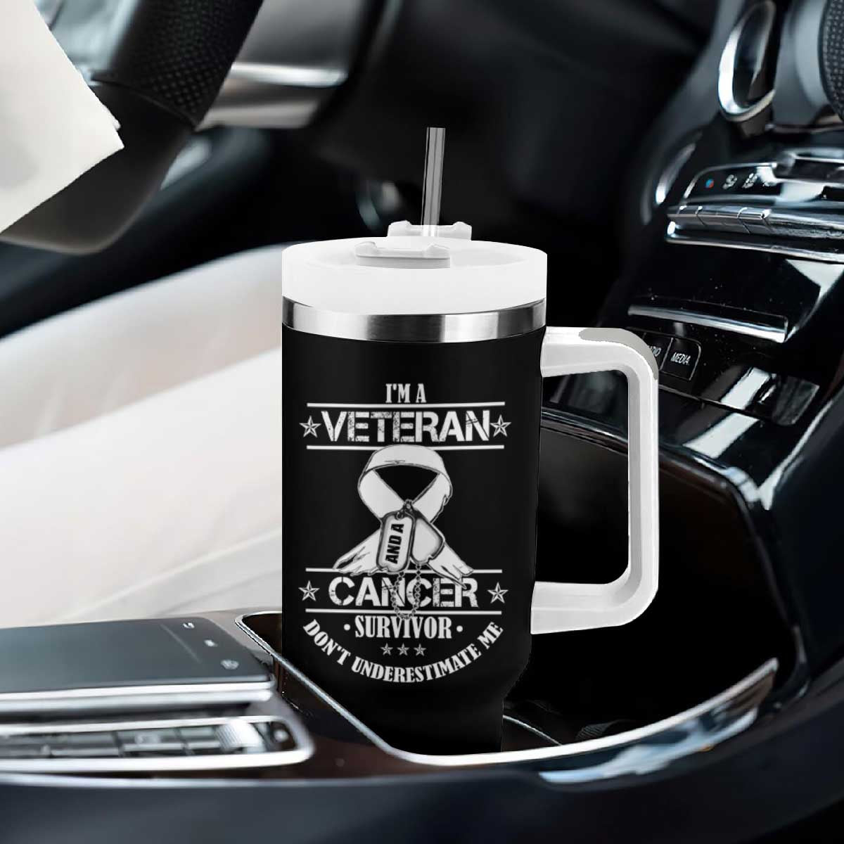 I'm A Veteran And A Cancer Survivor Tumbler With Handle Don't Underestimate Me Chemotherapy Warrior TS09 Print Your Wear