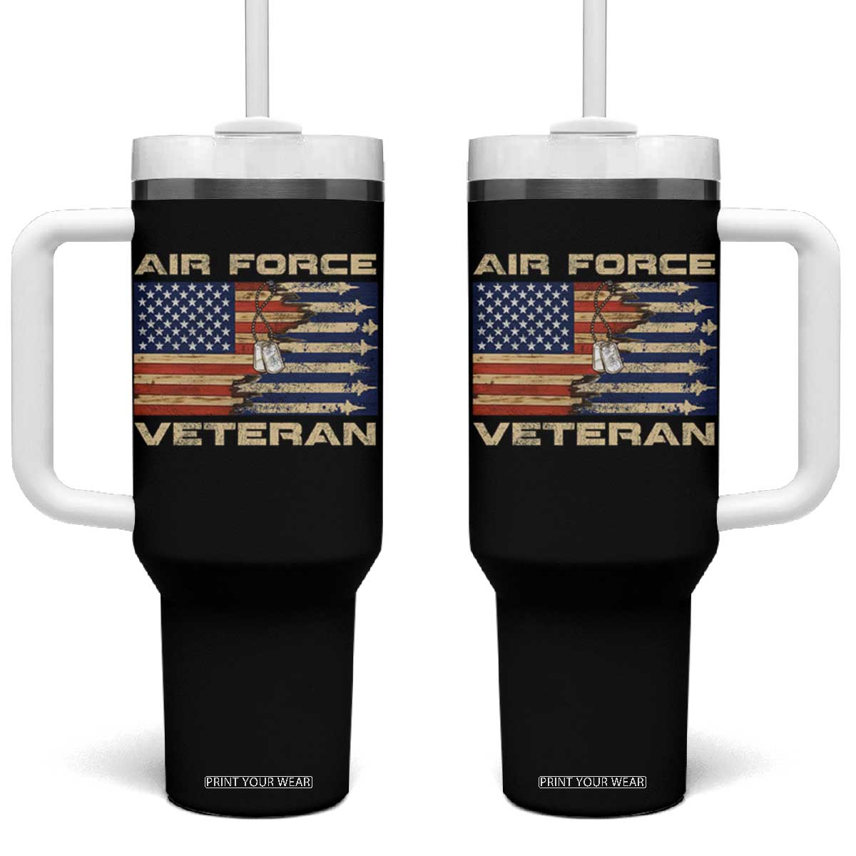 Air Force Veteran Tumbler With Handle American Flag Dog Tag TS09 One Size: 40 oz Black Print Your Wear