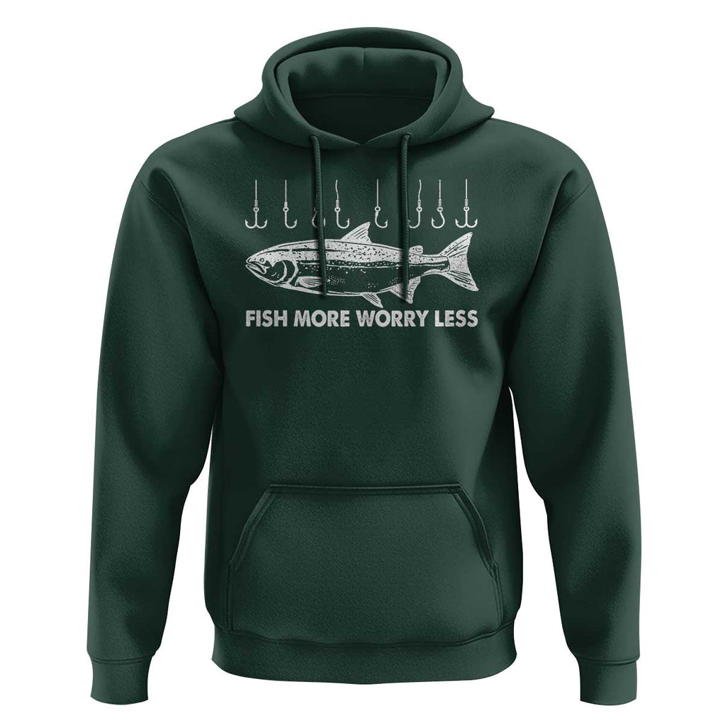 Funny Fishing Hoodie Fish More Worry Less TS09 Dark Forest Green Print Your Wear
