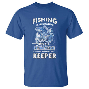 Funny Fishing Is Like Dating It's All Catch And Relesase Until You Find A Keeper T Shirt TS09 Royal Blue Print Your Wear