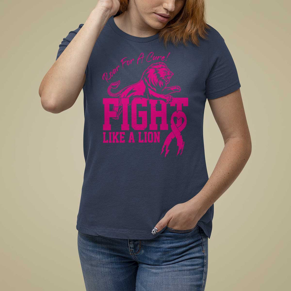 Pink Breast Cancer T Shirt For Women Fight Like A Lion Roar For A Cure TS09 Navy Print Your Wear